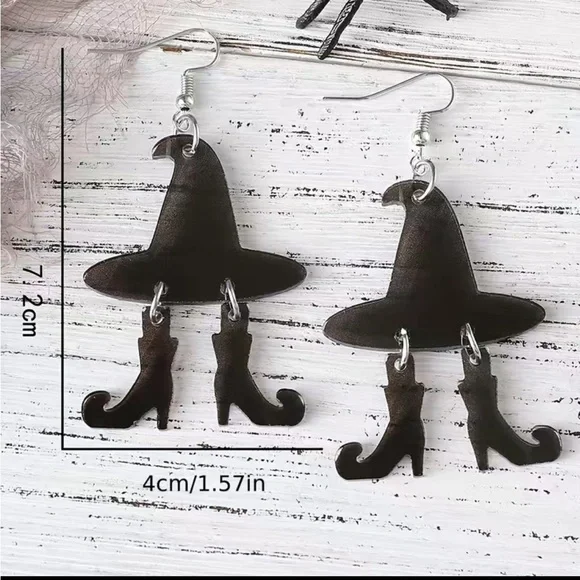 ‼️$7‼️Halloween Evil Witch's Hat Boots Design Black Dangle Earrings - Picture 4 of 7